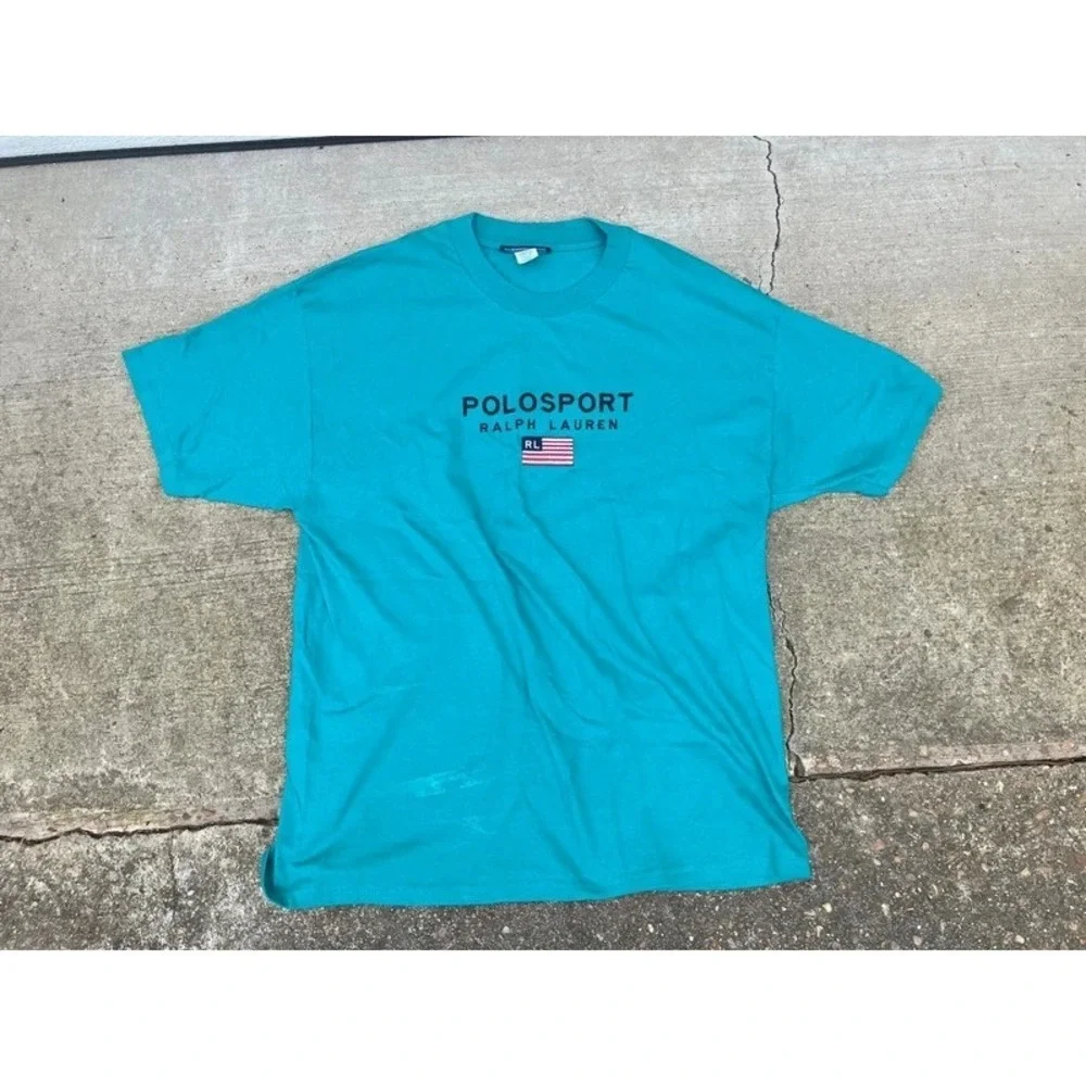 Vintage 90s Polo Sport Ralph Lauren Spell Out American Flag T Shirt XL Teal Fifa